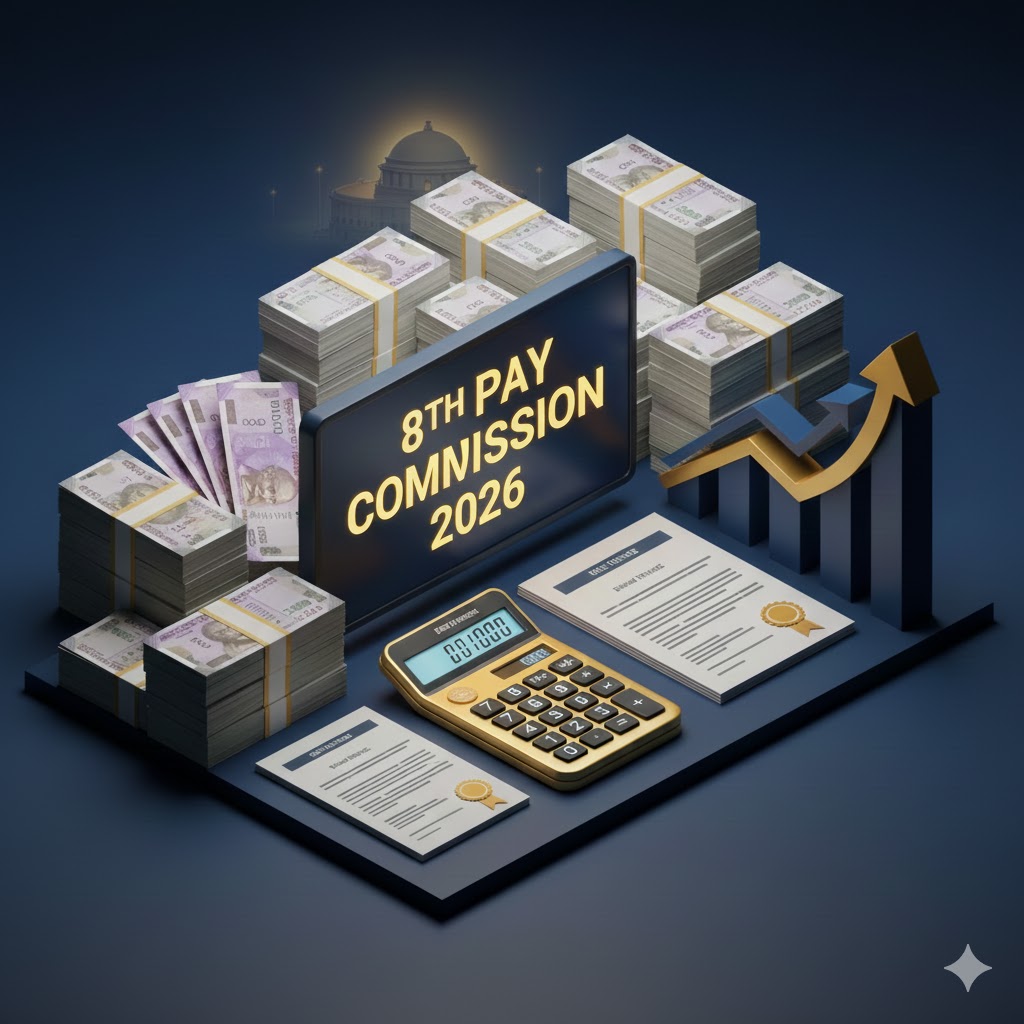 Indian currency and documents representing 8th Pay Commission 2026 salary increase for government employees.