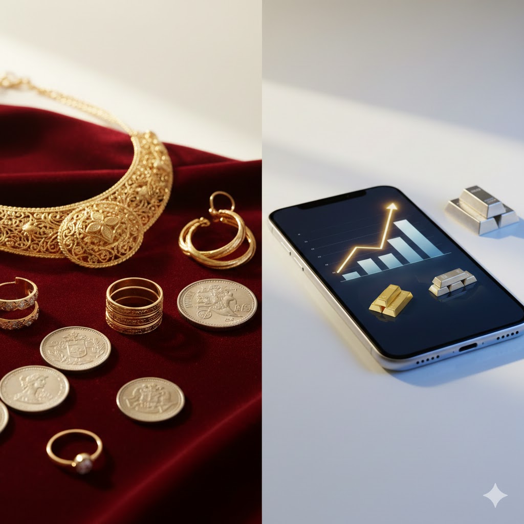 Comparison of gold bars and digital gold fund icons on a mobile screen.