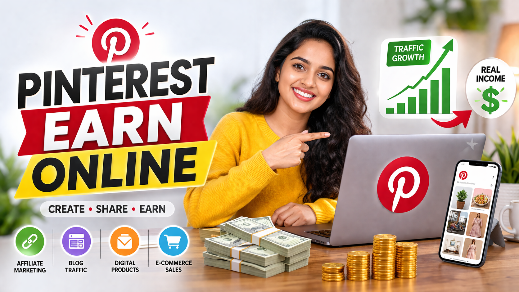 Pinterest earn online concept with affiliate marketing, blog traffic, digital products and freelancing income ideas